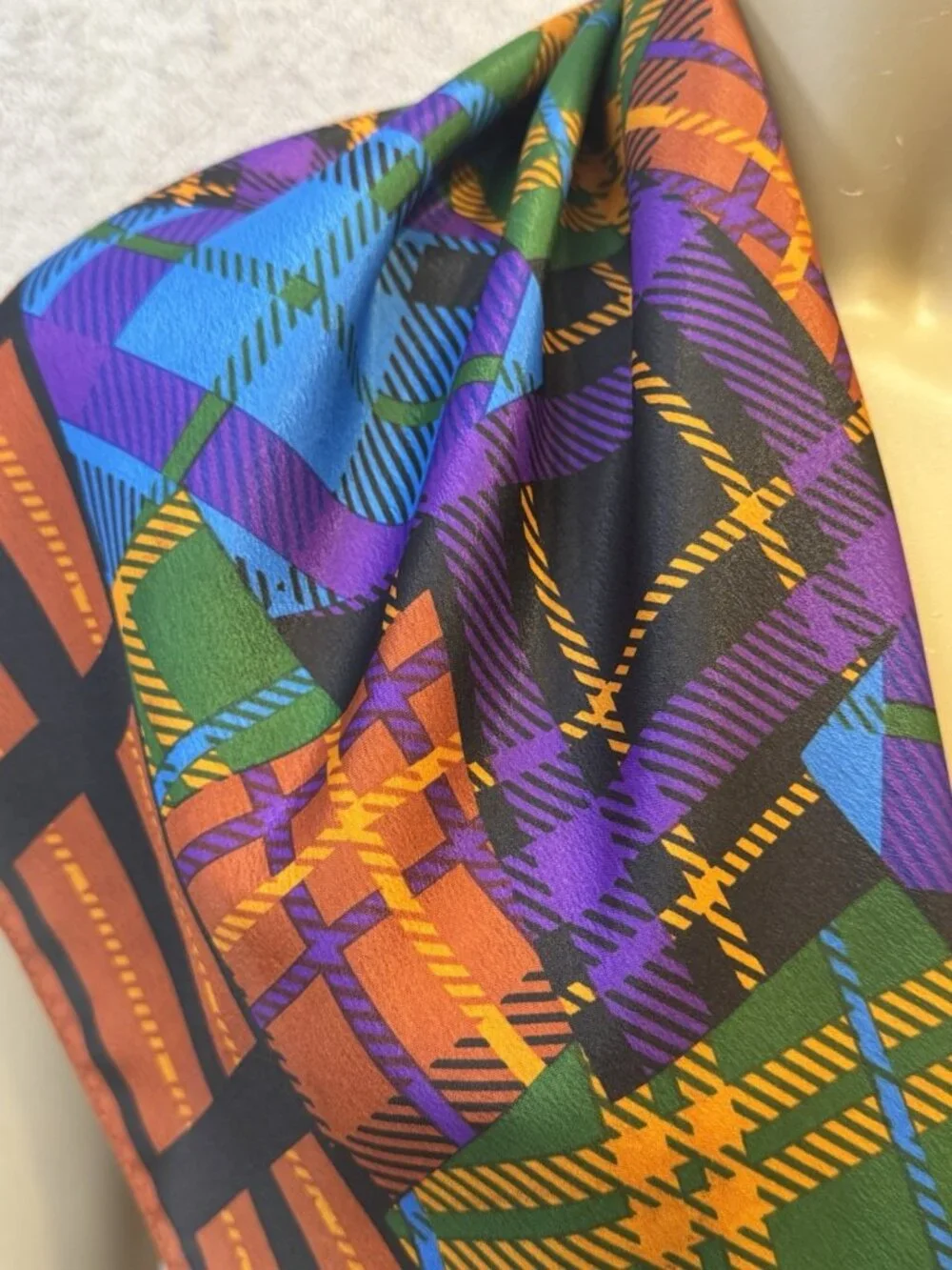 VTG Acute Scarf, Korea, 1980's, Vibrant Multi-Colored Patchwork Plaid 30